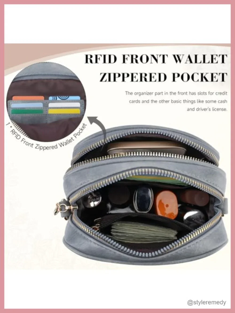 RFID Crossbody Bag with Card Slots, Faux Leather Triple Compartment Shoulder